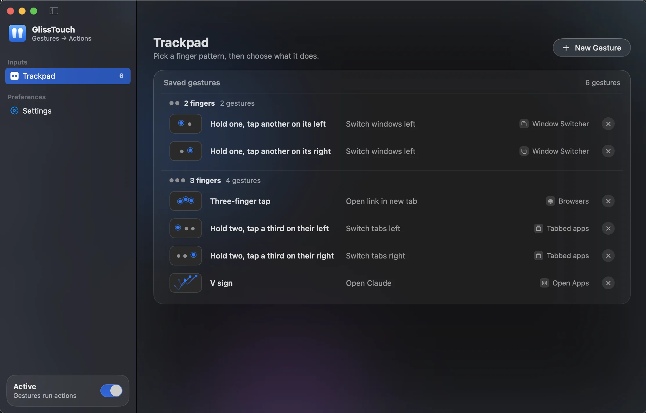 The GlissTouch window: a sidebar with Trackpad and Settings, and six saved gestures grouped by finger count, such as Hold two, tap a third on their left, which switches tabs left, and a drawn V sign that opens Claude.